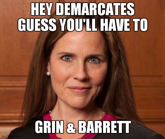 Amy Barrett | HEY DEMARCATES GUESS YOU'LL HAVE TO; GRIN & BARRETT | image tagged in amy barrett | made w/ Imgflip meme maker
