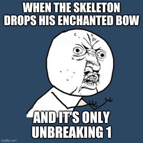 Seriously though why? | WHEN THE SKELETON DROPS HIS ENCHANTED BOW; AND IT'S ONLY UNBREAKING 1 | image tagged in memes,y u no | made w/ Imgflip meme maker