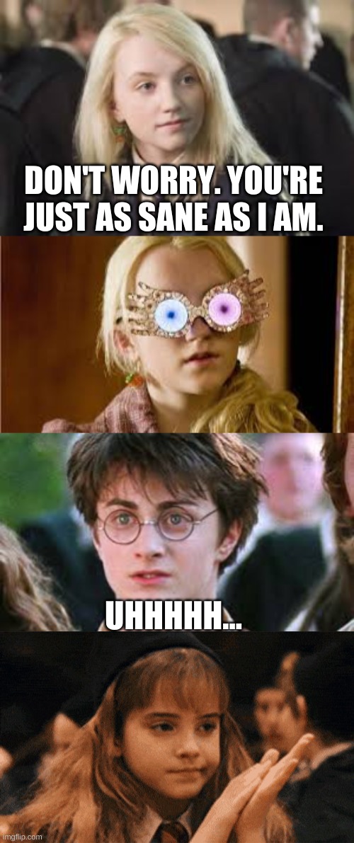 Luna Lovegood | DON'T WORRY. YOU'RE JUST AS SANE AS I AM. UHHHHH... | image tagged in luna lovegood,harry potter,hermione granger | made w/ Imgflip meme maker