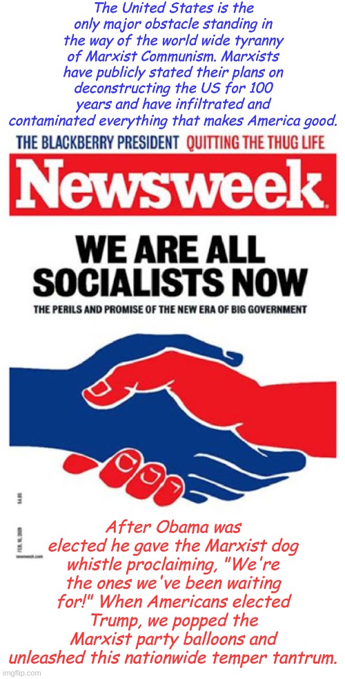 America has never been guided by a single election, the battle of ideas is a continuous quest for improvement. Marxism never is. | The United States is the only major obstacle standing in the way of the world wide tyranny of Marxist Communism. Marxists have publicly stated their plans on deconstructing the US for 100 years and have infiltrated and contaminated everything that makes America good. After Obama was elected he gave the Marxist dog whistle proclaiming, "We're the ones we've been waiting for!" When Americans elected Trump, we popped the Marxist party balloons and unleashed this nationwide temper tantrum. | image tagged in all socialists | made w/ Imgflip meme maker