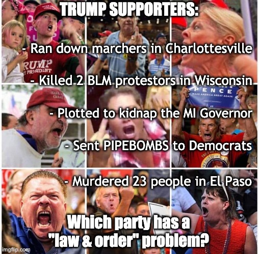 Don't get "triggered" now . . . | TRUMP SUPPORTERS:; - Ran down marchers in Charlottesville; - Killed 2 BLM protestors in Wisconsin; - Plotted to kidnap the MI Governor; - Sent PIPEBOMBS to Democrats; - Murdered 23 people in El Paso; Which party has a "law & order" problem? | image tagged in triggered trump supporters,trump,election,law and order,police brutality,republican | made w/ Imgflip meme maker