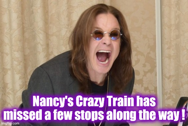 Ozzy Osbourne Yell | Nancy's Crazy Train has missed a few stops along the way ! | image tagged in ozzy osbourne yell | made w/ Imgflip meme maker
