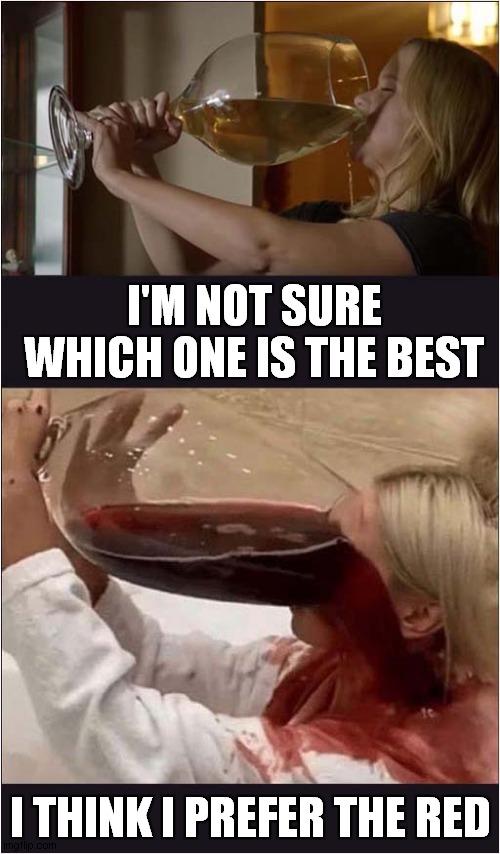 What Do You Mean By A Drinking Problem ? |  I'M NOT SURE WHICH ONE IS THE BEST; I THINK I PREFER THE RED | image tagged in fun,drinking wine | made w/ Imgflip meme maker