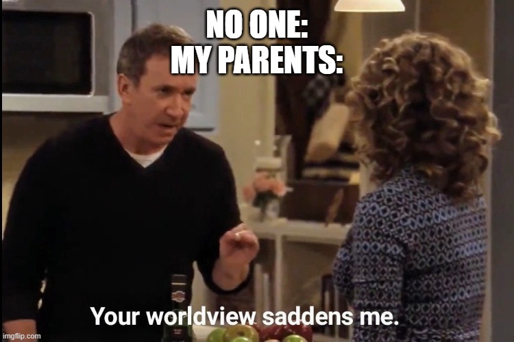 yes | NO ONE:
MY PARENTS: | image tagged in your worldview saddens me | made w/ Imgflip meme maker