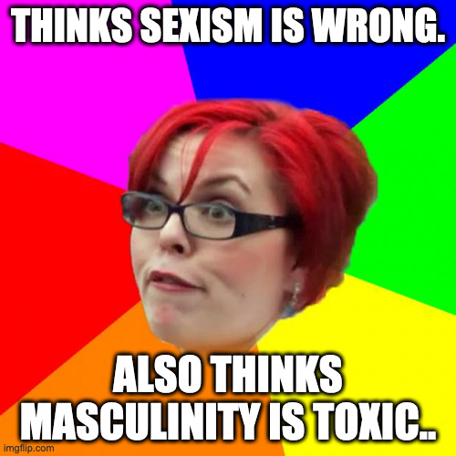 angry feminist | THINKS SEXISM IS WRONG. ALSO THINKS MASCULINITY IS TOXIC.. | image tagged in angry feminist | made w/ Imgflip meme maker