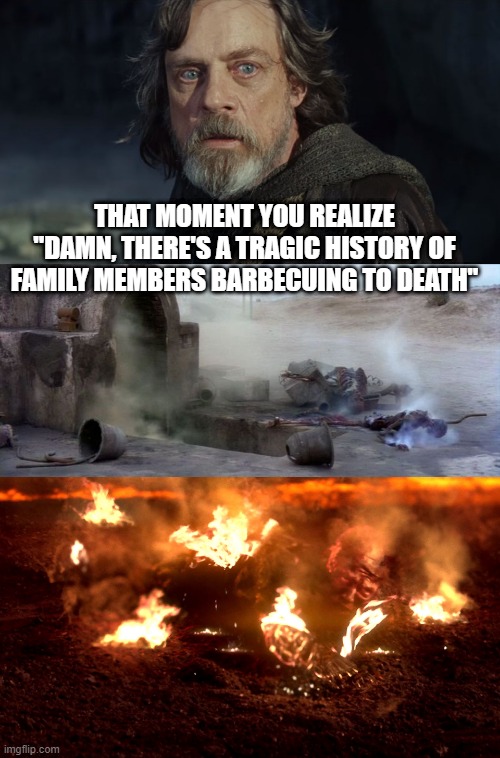 Oh I Hope the Fate Doesn't Befall Me | THAT MOMENT YOU REALIZE "DAMN, THERE'S A TRAGIC HISTORY OF FAMILY MEMBERS BARBECUING TO DEATH" | image tagged in sick burn uncle owen,luke skywalker,anakin burning | made w/ Imgflip meme maker