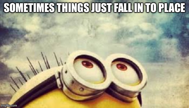 minion look up | SOMETIMES THINGS JUST FALL IN TO PLACE DO | image tagged in minion look up | made w/ Imgflip meme maker