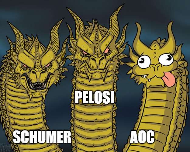 Three-headed Dragon | PELOSI; SCHUMER                      AOC | image tagged in three-headed dragon | made w/ Imgflip meme maker