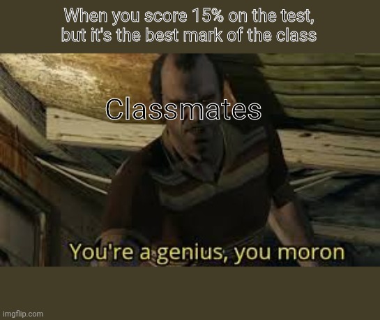 You're a genius, you moron | When you score 15% on the test, but it's the best mark of the class; Classmates | image tagged in you're a genius you moron | made w/ Imgflip meme maker