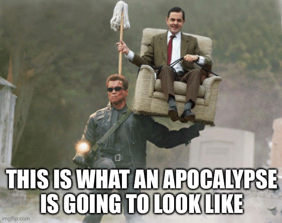 Arnold Schwarzenegger Mr. Bean | THIS IS WHAT AN APOCALYPSE IS GOING TO LOOK LIKE | image tagged in arnold schwarzenegger mr bean | made w/ Imgflip meme maker