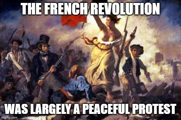 French Revolution | THE FRENCH REVOLUTION; WAS LARGELY A PEACEFUL PROTEST | image tagged in french revolution | made w/ Imgflip meme maker