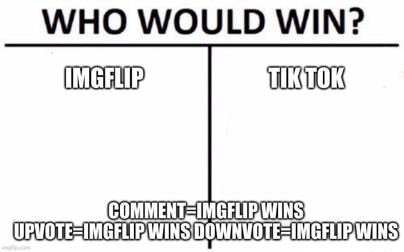 Imgflip wins all the time! | IMGFLIP; TIK TOK; COMMENT=IMGFLIP WINS UPVOTE=IMGFLIP WINS DOWNVOTE=IMGFLIP WINS | image tagged in memes,who would win | made w/ Imgflip meme maker