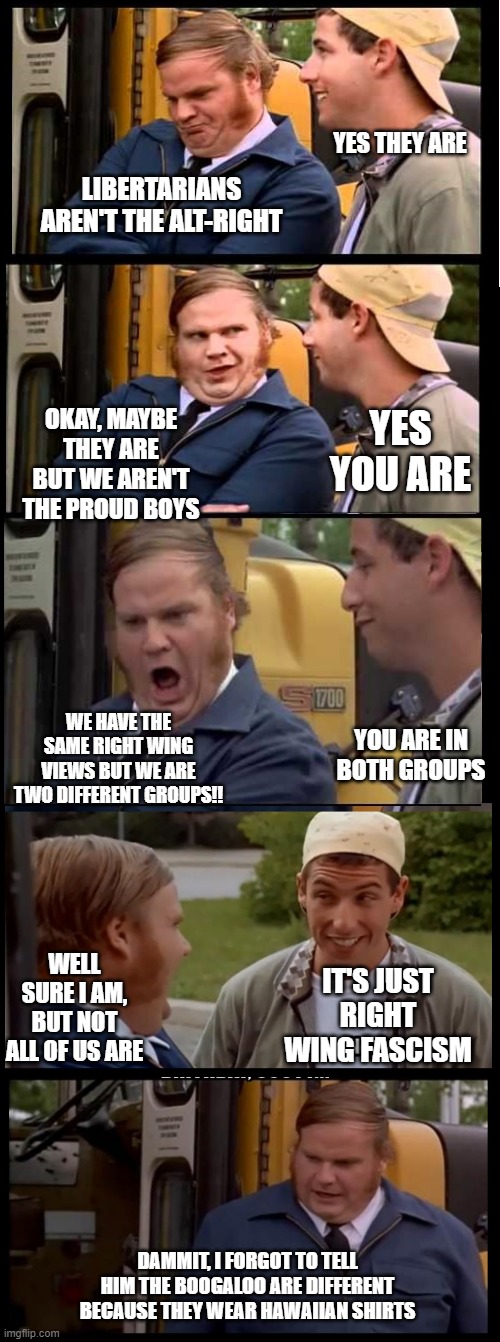 we are different forms of fascism | YES THEY ARE; LIBERTARIANS AREN'T THE ALT-RIGHT; OKAY, MAYBE THEY ARE BUT WE AREN'T THE PROUD BOYS; YES YOU ARE; WE HAVE THE SAME RIGHT WING VIEWS BUT WE ARE TWO DIFFERENT GROUPS!! YOU ARE IN BOTH GROUPS; WELL SURE I AM, BUT NOT ALL OF US ARE; IT'S JUST RIGHT WING FASCISM; DAMMIT, I FORGOT TO TELL HIM THE BOOGALOO ARE DIFFERENT BECAUSE THEY WEAR HAWAIIAN SHIRTS | image tagged in libertarian | made w/ Imgflip meme maker