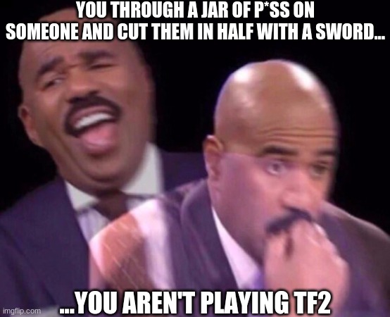 EgAy sports | YOU THROUGH A JAR OF P*SS ON SOMEONE AND CUT THEM IN HALF WITH A SWORD... ...YOU AREN'T PLAYING TF2 | image tagged in steve harvey laughing serious | made w/ Imgflip meme maker