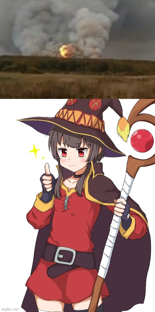 Megumin Approves | image tagged in megumin,explosion,konosuba,anime,memes,thumbs up | made w/ Imgflip meme maker