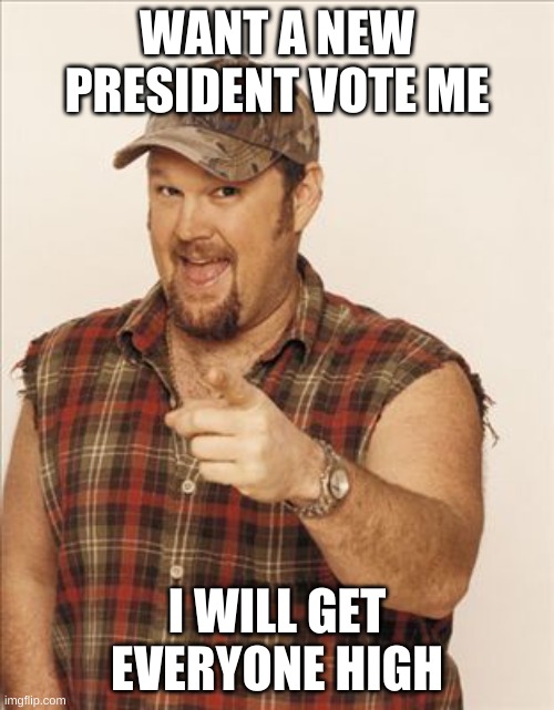 Larry The Cable Guy | WANT A NEW PRESIDENT VOTE ME; I WILL GET EVERYONE HIGH | image tagged in larry the cable guy | made w/ Imgflip meme maker