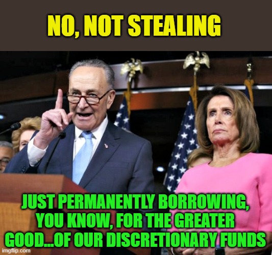 pelosi schumer | NO, NOT STEALING JUST PERMANENTLY BORROWING, YOU KNOW, FOR THE GREATER GOOD...OF OUR DISCRETIONARY FUNDS | image tagged in pelosi schumer | made w/ Imgflip meme maker