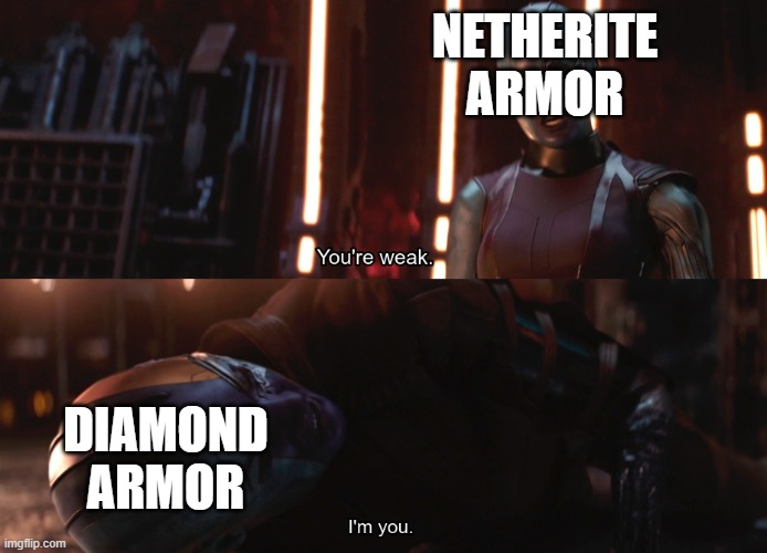 Minecraft Moment | NETHERITE ARMOR; DIAMOND ARMOR | image tagged in your weak i m you | made w/ Imgflip meme maker