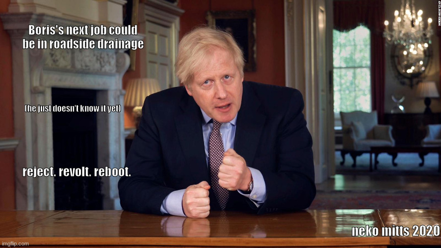 Boris Johnson Speech | Boris's next job could be in roadside drainage; (he just doesn't know it yet); reject. revolt. reboot. neko mitts 2020 | image tagged in boris johnson speech | made w/ Imgflip meme maker