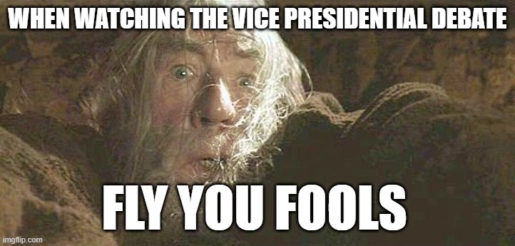 When you see a fly on Pence's head | WHEN WATCHING THE VICE PRESIDENTIAL DEBATE; FLY YOU FOOLS | image tagged in gandalf fly you fools,pence fly,mike pence,vice president,presidential debate | made w/ Imgflip meme maker