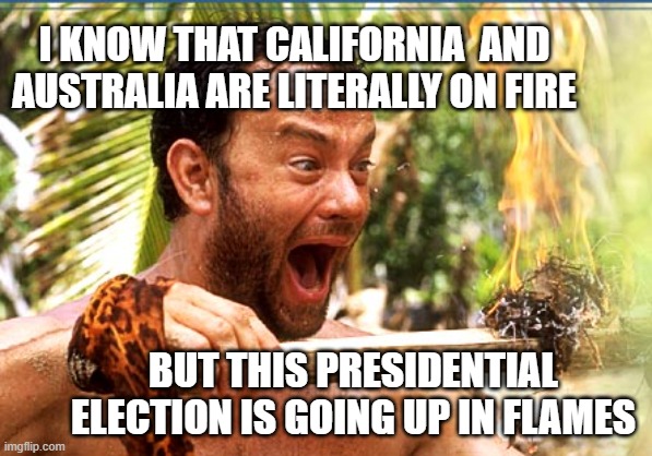 Castaway Fire | I KNOW THAT CALIFORNIA  AND 
AUSTRALIA ARE LITERALLY ON FIRE; BUT THIS PRESIDENTIAL ELECTION IS GOING UP IN FLAMES | image tagged in memes,castaway fire,presidential race,2020,politics,election 2020 | made w/ Imgflip meme maker