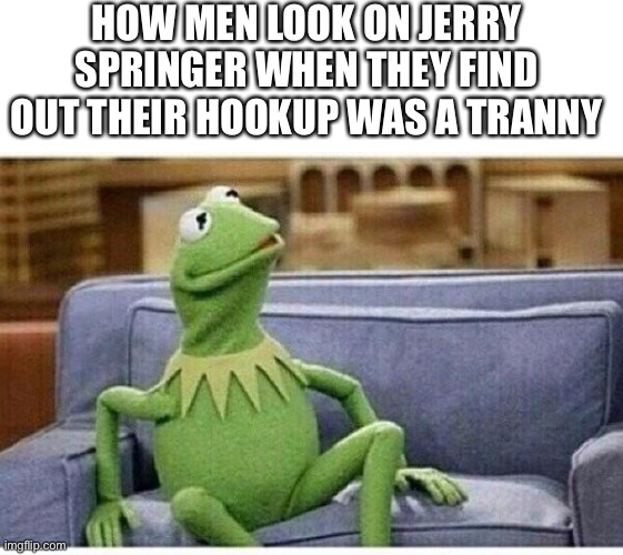 How did they not know? | HOW MEN LOOK ON JERRY SPRINGER WHEN THEY FIND OUT THEIR HOOKUP WAS A TRANNY | image tagged in kermit,jerry springer,date,man,surprise | made w/ Imgflip meme maker