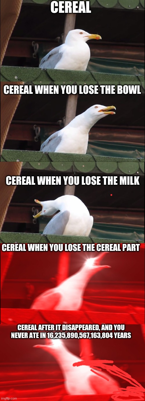 CEREAL; CEREAL WHEN YOU LOSE THE BOWL; CEREAL WHEN YOU LOSE THE MILK; CEREAL WHEN YOU LOSE THE CEREAL PART; CEREAL AFTER IT DISAPPEARED, AND YOU NEVER ATE IN 16,235,890,567,163,804 YEARS | image tagged in memes,inhaling seagull | made w/ Imgflip meme maker