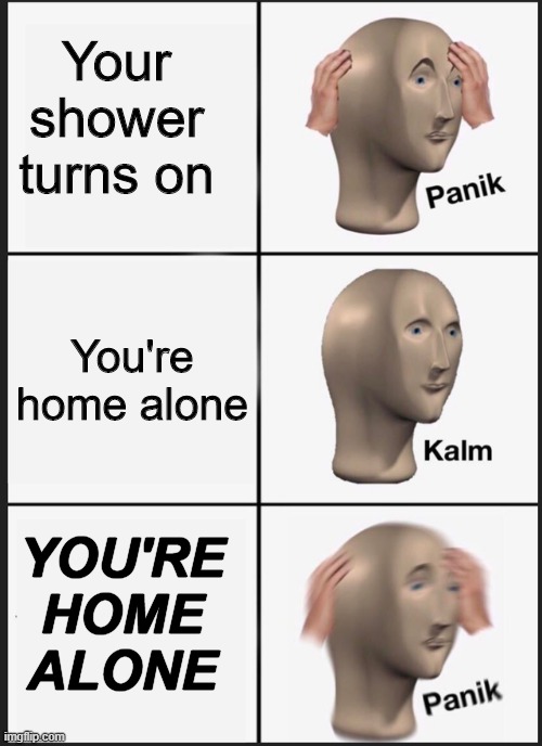WHO's USING MY SHOWER |  Your shower turns on; You're home alone; YOU'RE HOME ALONE | image tagged in memes,panik kalm panik,panik,lol,pepe,pee | made w/ Imgflip meme maker