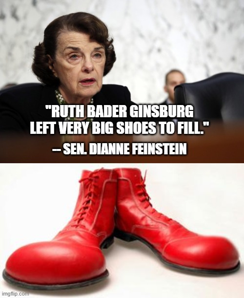 "RUTH BADER GINSBURG LEFT VERY BIG SHOES TO FILL."; -- SEN. DIANNE FEINSTEIN | image tagged in clown shoes,dianne feinstein dimwit | made w/ Imgflip meme maker