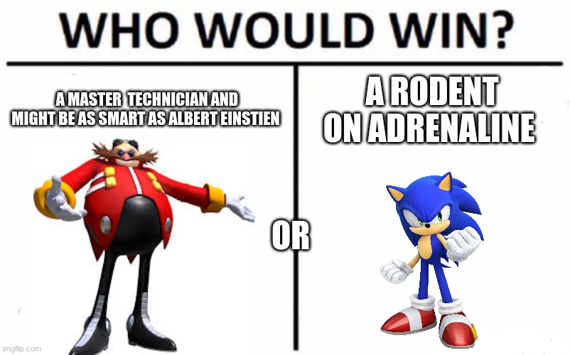 Can the Rodent do It? | A MASTER  TECHNICIAN AND MIGHT BE AS SMART AS ALBERT EINSTIEN; A RODENT ON ADRENALINE; OR | image tagged in memes,who would win,sonic the hedgehog | made w/ Imgflip meme maker