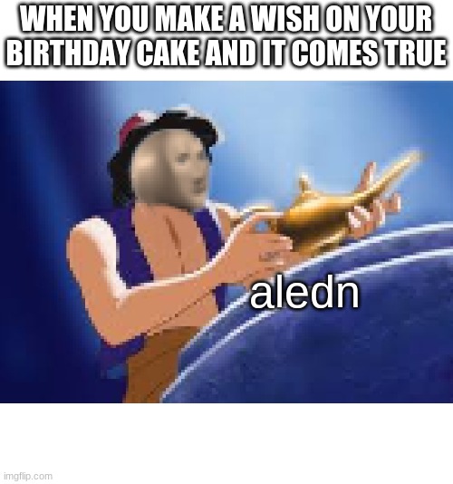 Haha meme man | WHEN YOU MAKE A WISH ON YOUR BIRTHDAY CAKE AND IT COMES TRUE; aledn | image tagged in meme man,aladdin | made w/ Imgflip meme maker