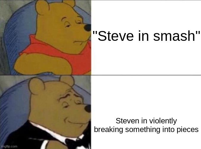 Steve in smash eeeeeeeeeeee | "Steve in smash"; Steven in violently breaking something into pieces | image tagged in intellectual pooh | made w/ Imgflip meme maker