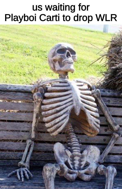 "we're here waiting and your here doing NOTHING!" | us waiting for Playboi Carti to drop WLR | image tagged in memes,waiting skeleton,rap,playboi carti,whole lotta red,wlr | made w/ Imgflip meme maker
