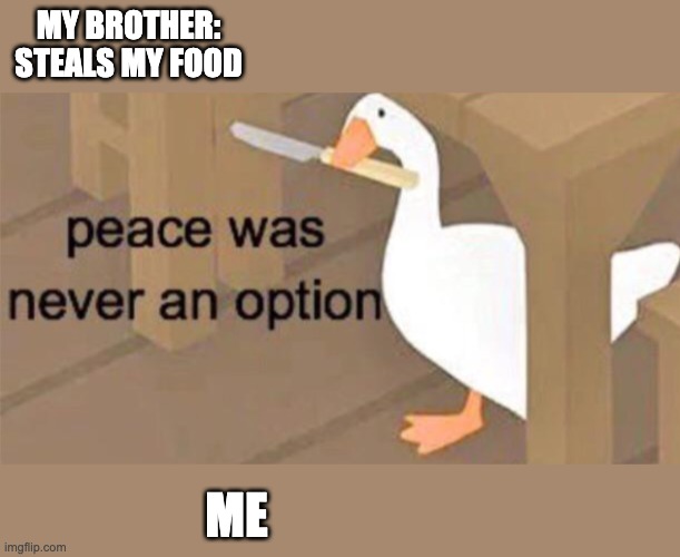 Untitled Goose Peace Was Never an Option | MY BROTHER: STEALS MY FOOD; ME | image tagged in untitled goose peace was never an option | made w/ Imgflip meme maker