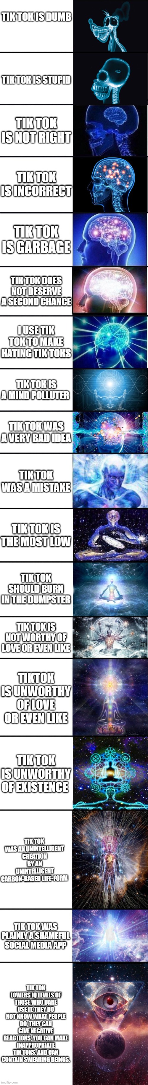 T H E U L T I M A T E A N T I T I K T O K W I T H 18 T I E R S O F B R A I N E X P A N S I O N | TIK TOK IS DUMB; TIK TOK IS STUPID; TIK TOK IS NOT RIGHT; TIK TOK IS INCORRECT; TIK TOK IS GARBAGE; TIK TOK DOES NOT DESERVE A SECOND CHANCE; I USE TIK TOK TO MAKE HATING TIK TOKS; TIK TOK IS A MIND POLLUTER; TIK TOK WAS A VERY BAD IDEA; TIK TOK WAS A MISTAKE; TIK TOK IS THE MOST LOW; TIK TOK SHOULD BURN IN THE DUMPSTER; TIK TOK IS NOT WORTHY OF LOVE OR EVEN LIKE; TIKTOK IS UNWORTHY OF LOVE OR EVEN LIKE; TIK TOK IS UNWORTHY OF EXISTENCE; TIK TOK WAS AN UNINTELLIGENT CREATION
BY AN UNINTELLIGENT CARBON-BASED LIFE-FORM; TIK TOK WAS PLAINLY A SHAMEFUL SOCIAL MEDIA APP; TIK TOK LOWERS IQ LEVELS OF THOSE WHO DARE USE IT, THEY DO NOT KNOW WHAT PEOPLE DO, THEY CAN GIVE NEGATIVE REACTIONS, YOU CAN MAKE INAPPROPRIATE TIK TOKS, AND CAN CONTAIN SWEARING BEINGS. | image tagged in expanding brain 9001 | made w/ Imgflip meme maker