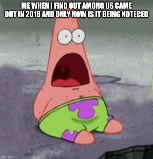 Suprised Patrick | ME WHEN I FIND OUT AMONG US CAME OUT IN 2018 AND ONLY NOW IS IT BEING NOTECED | image tagged in suprised patrick | made w/ Imgflip meme maker