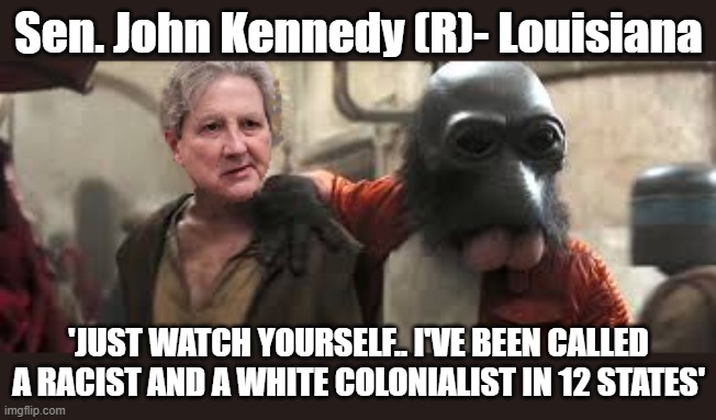Senator John Kennedy @Starwars Cantina |  Sen. John Kennedy (R)- Louisiana; 'JUST WATCH YOURSELF.. I'VE BEEN CALLED A RACIST AND A WHITE COLONIALIST IN 12 STATES' | image tagged in john kennedy,amie coney barret,hearings,scotus,racist | made w/ Imgflip meme maker