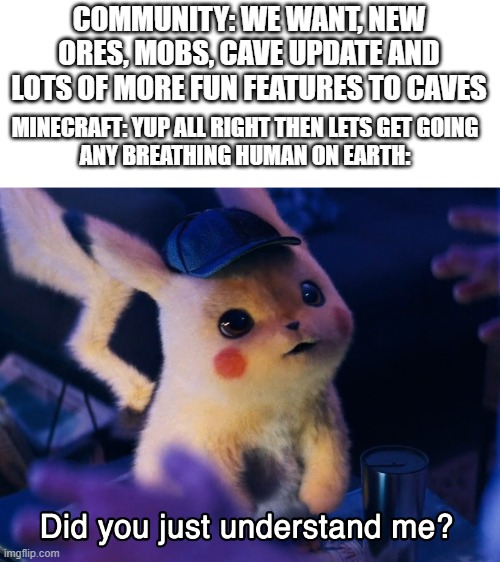 Cave update lets go | COMMUNITY: WE WANT, NEW ORES, MOBS, CAVE UPDATE AND LOTS OF MORE FUN FEATURES TO CAVES; MINECRAFT: YUP ALL RIGHT THEN LETS GET GOING
ANY BREATHING HUMAN ON EARTH: | image tagged in did u understand me | made w/ Imgflip meme maker