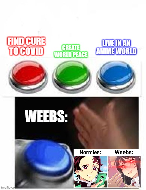 Weebdom be like | LIVE IN AN ANIME WORLD; FIND CURE TO COVID; CREATE WORLD PEACE; WEEBS: | image tagged in red green blue buttons | made w/ Imgflip meme maker