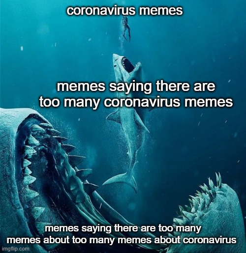 always a bigger shark | coronavirus memes; memes saying there are too many coronavirus memes; memes saying there are too many memes about too many memes about coronavirus | image tagged in always a bigger shark | made w/ Imgflip meme maker