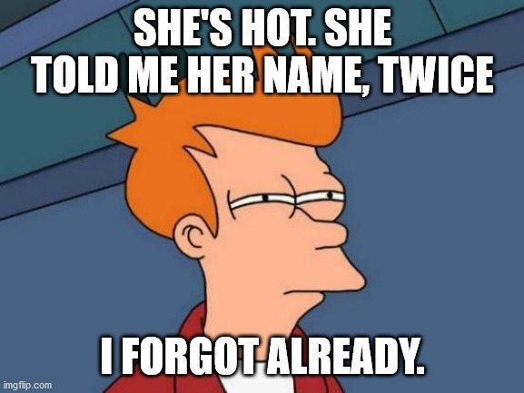 Futurama Fry | SHE'S HOT. SHE TOLD ME HER NAME, TWICE; I FORGOT ALREADY. | image tagged in memes,futurama fry | made w/ Imgflip meme maker