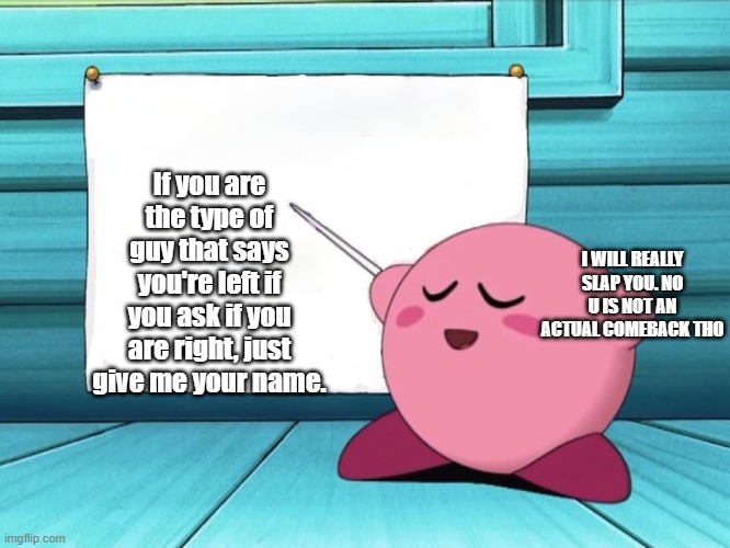 Be warned. (I really won't tho) | If you are the type of guy that says you're left if you ask if you are right, just give me your name. I WILL REALLY SLAP YOU. NO U IS NOT AN ACTUAL COMEBACK THO | image tagged in kirby sign | made w/ Imgflip meme maker