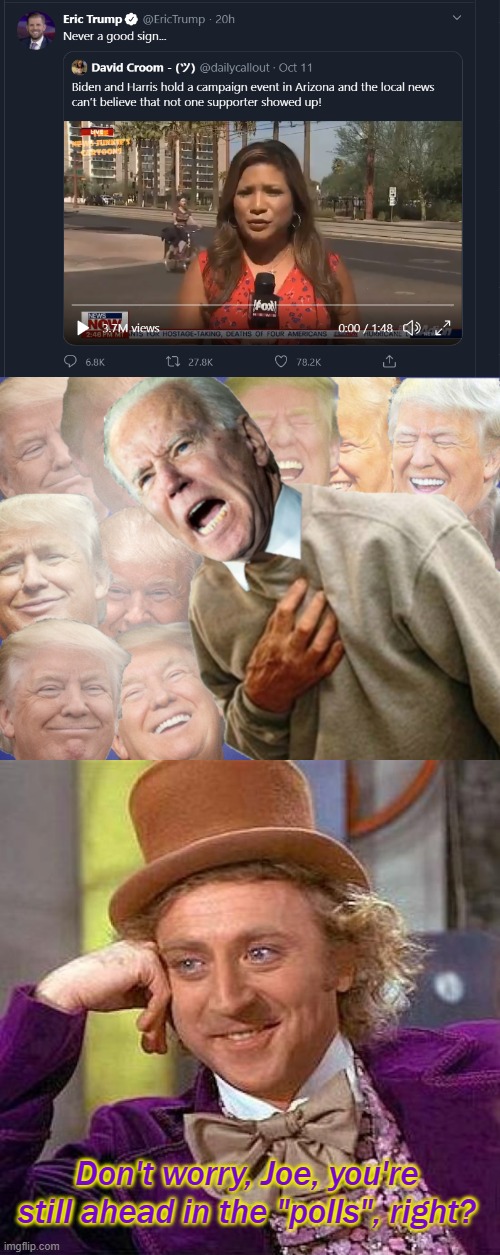 Why didn't they show, Joe? | Don't worry, Joe, you're still ahead in the "polls", right? | image tagged in memes,creepy condescending wonka,trump2020,joe biden,donald trump | made w/ Imgflip meme maker