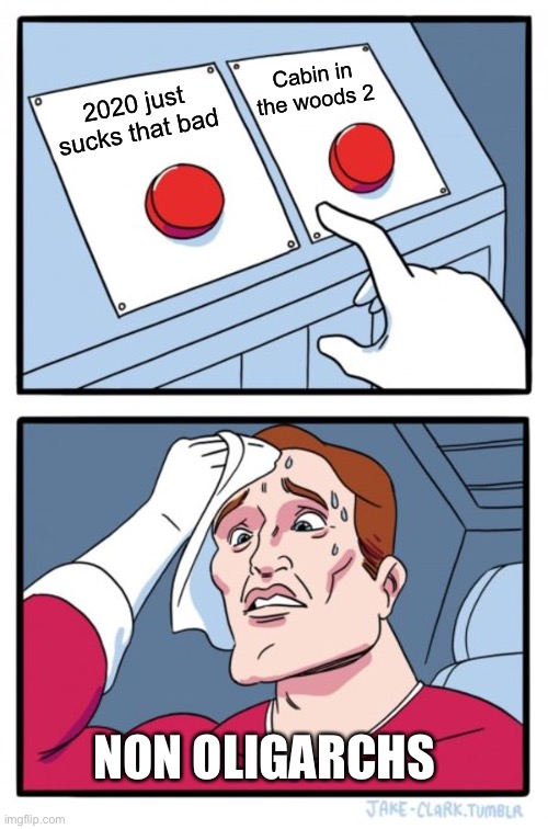 Two Buttons Meme | Cabin in the woods 2; 2020 just sucks that bad; NON OLIGARCHS | image tagged in memes,two buttons | made w/ Imgflip meme maker