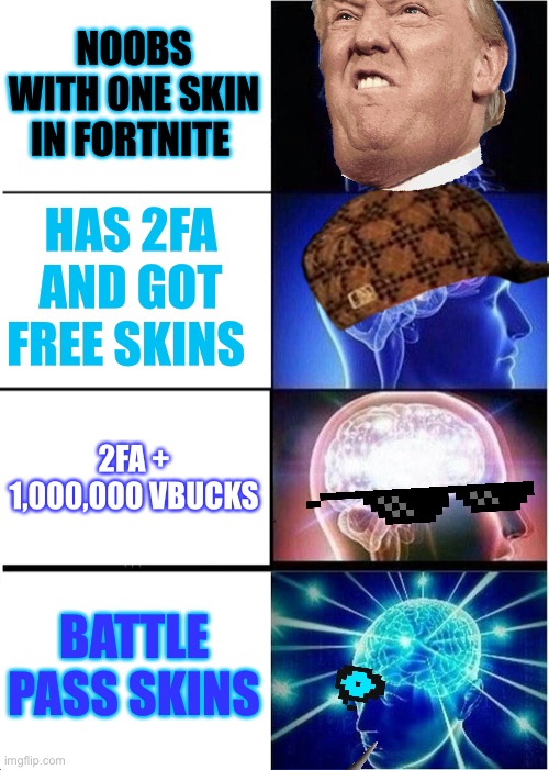 Expanding Brain Meme | NOOBS WITH ONE SKIN IN FORTNITE; HAS 2FA AND GOT FREE SKINS; 2FA + 1,000,000 VBUCKS; BATTLE PASS SKINS | image tagged in memes,expanding brain | made w/ Imgflip meme maker