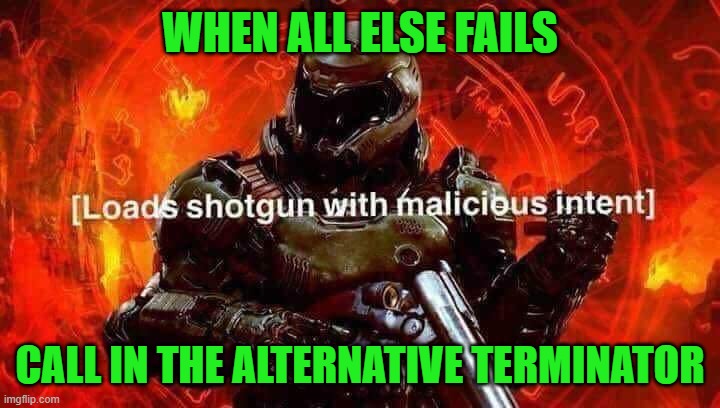 Loads shotgun with malicious intent |  WHEN ALL ELSE FAILS; CALL IN THE ALTERNATIVE TERMINATOR | image tagged in loads shotgun with malicious intent | made w/ Imgflip meme maker