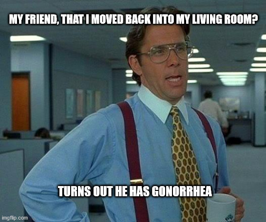 That Would Be Great | MY FRIEND, THAT I MOVED BACK INTO MY LIVING ROOM? TURNS OUT HE HAS GONORRHEA | image tagged in memes,that would be great | made w/ Imgflip meme maker