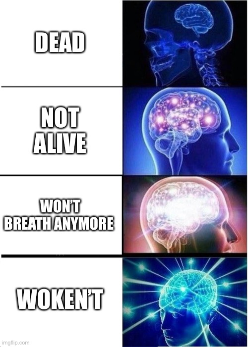 Idek right now | DEAD; NOT ALIVE; WON’T BREATH ANYMORE; WOKEN’T | image tagged in memes,expanding brain | made w/ Imgflip meme maker