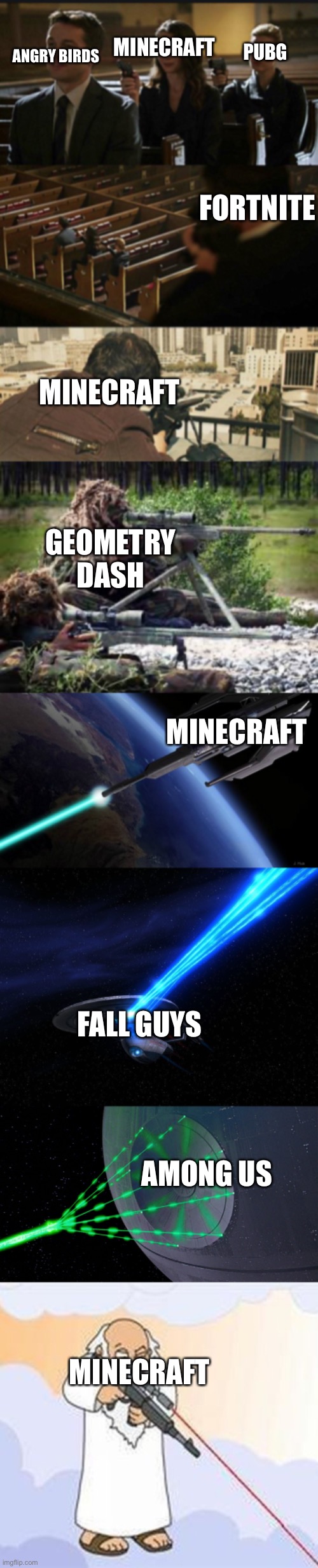 That’s a lot of Assassins | MINECRAFT; PUBG; ANGRY BIRDS; FORTNITE; MINECRAFT; GEOMETRY DASH; MINECRAFT; FALL GUYS; AMONG US; MINECRAFT | image tagged in minecraft,pubg,fortnite,angry birds,among us,geometry dash | made w/ Imgflip meme maker
