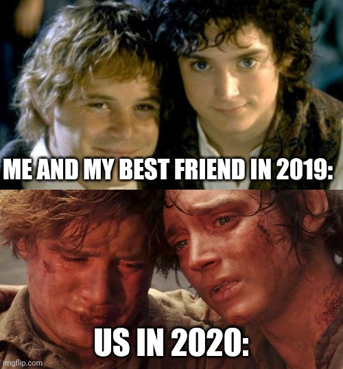 Sam and Frodo Before and After Mt Doom | ME AND MY BEST FRIEND IN 2019:; US IN 2020: | image tagged in sam and frodo before and after mt doom | made w/ Imgflip meme maker